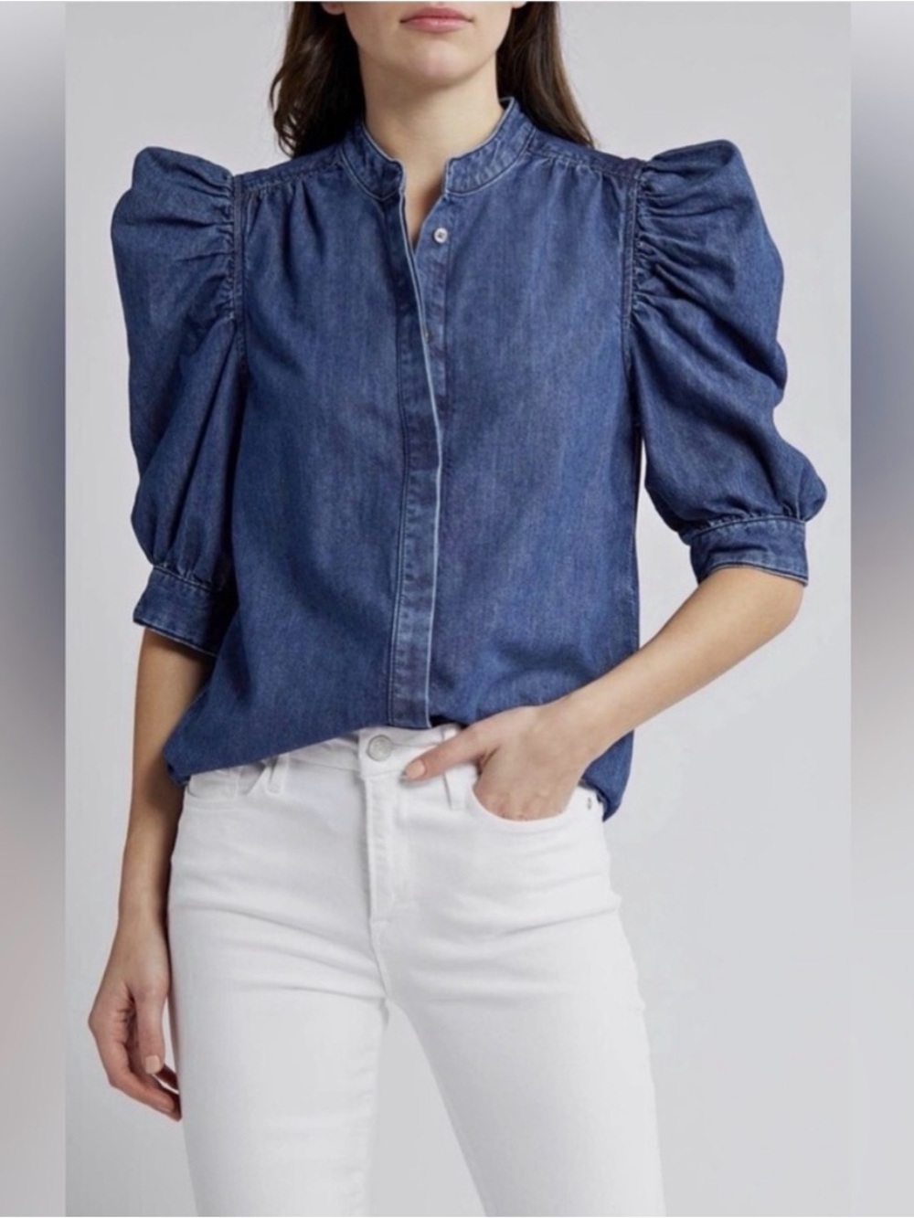 FRAME Denim Gillian Puff Sleeve Denim Shirt Large L
